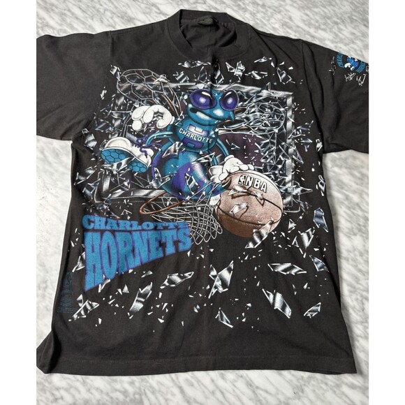 Vintage Charlotte Hornets Shirt Mens Large Black Shattered Backboard Graphic 90s